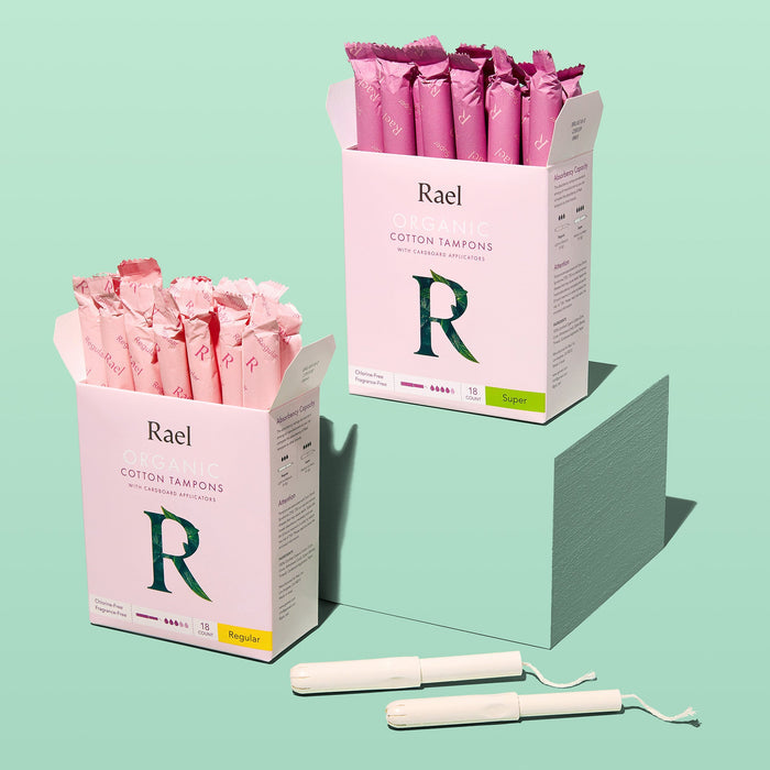 Rael Tampons in Packaging - Super and Regular, on a light green background