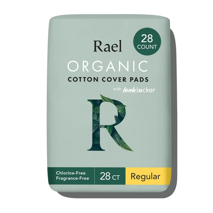 Rael Regular 28 Count Organic Cotton Cover Pads with leak locker technology, Pillowy Soft Feel, With Wings, Fragrance Free