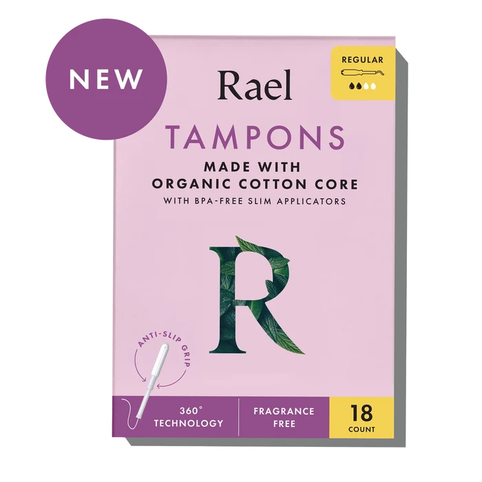 Rael Tampons Made With Organic Cotton Core With BPA-Free Slim Applicators, Regular, 18 Count, Fragrance Free, 360 Technology