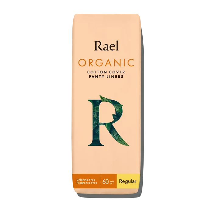 Packaging of Rael Organic Cotton Cover Panty Liners with branding and product information.