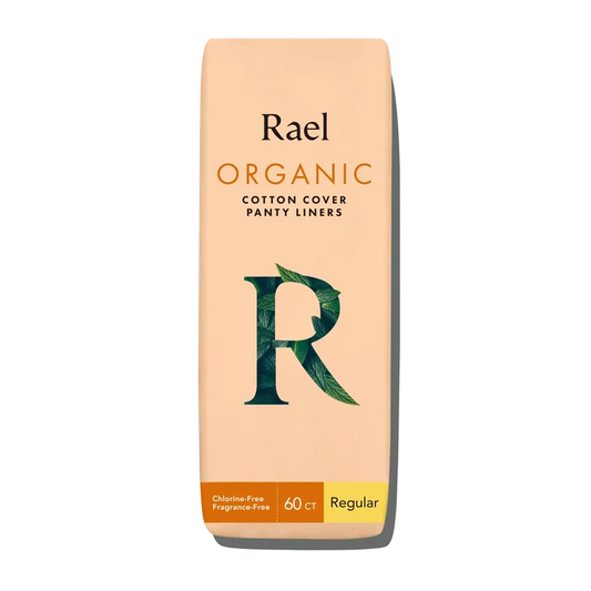 Packaging of Rael Organic Cotton Cover Panty Liners with branding and product information.