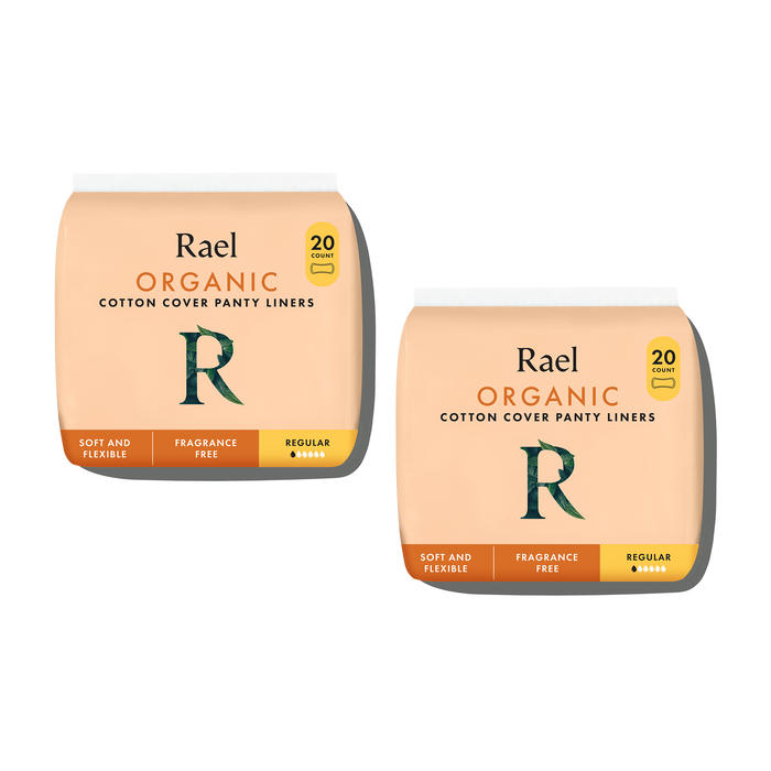 Two packages of Rael Organic Cotton Cover Panty Liners on a white background