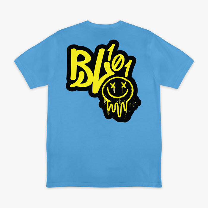 Blue and yellow Retro Graffiti graphic tee — back view