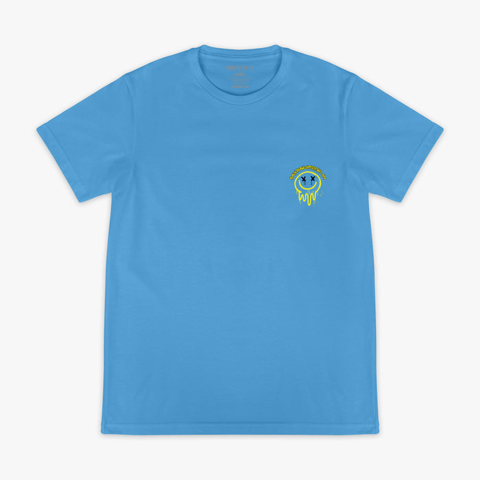 Blue and yellow Retro Graffiti graphic tee — front view