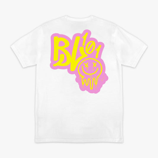Pink and yellow Retro Graffiti graphic tee — back view