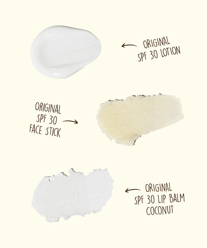 Road Tripper bundle featuring SPF 30 lotion, face stick, and coconut lip balm swatches on cream background - Sun Bum