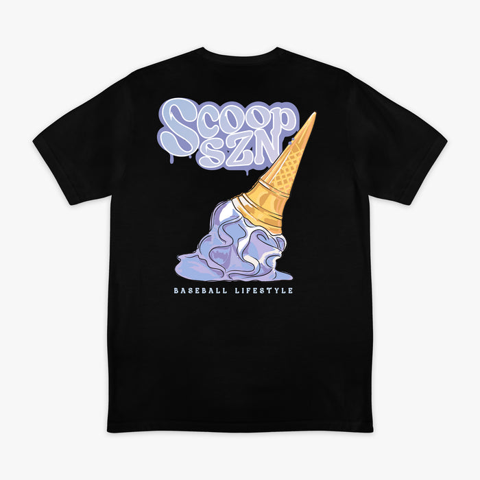 Adult model wearing graphic tee with "Scoop SZN" design