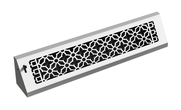 Silver scroll baseboard vent cover with a decorative lattice front