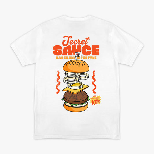 White t-shirt with a colorful burger graphic and 'Secret Sauce' text on a white background