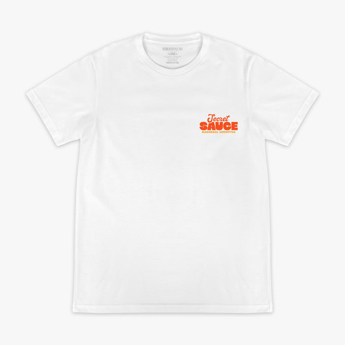 White t-shirt with 'Secret Sauce' text in red on a white background