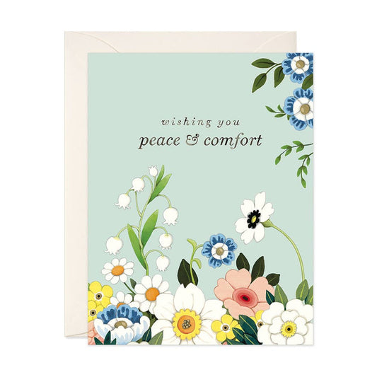 Floral greeting card: wishing you peace & comfort, pastel blue white pink flowers
