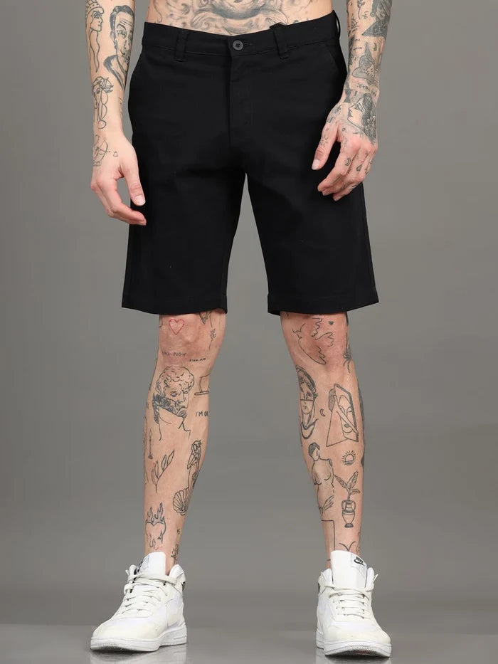 Silisoul Black Regular Fit Cotton Mid-Rise Button Shorts
