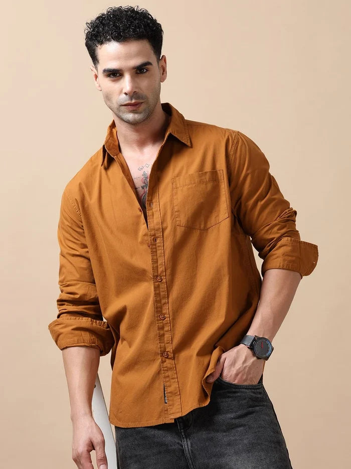 Silisoul Brown Regular Fit Cotton Long Sleeves Spread Collar Shirt