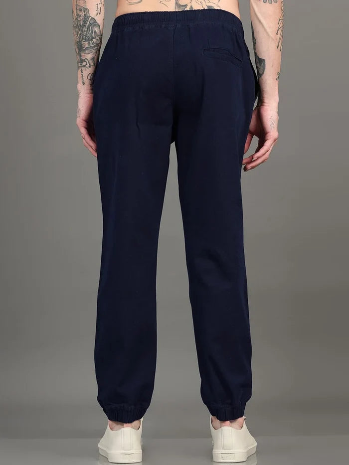Silisoul Navy Blue Regular Fit Cotton Mid-Rise Drawstring Trousers
