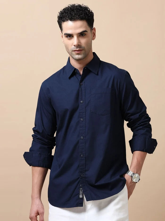 Silisoul Navy Blue Relaxed Fit Cotton Long Sleeves Shirt