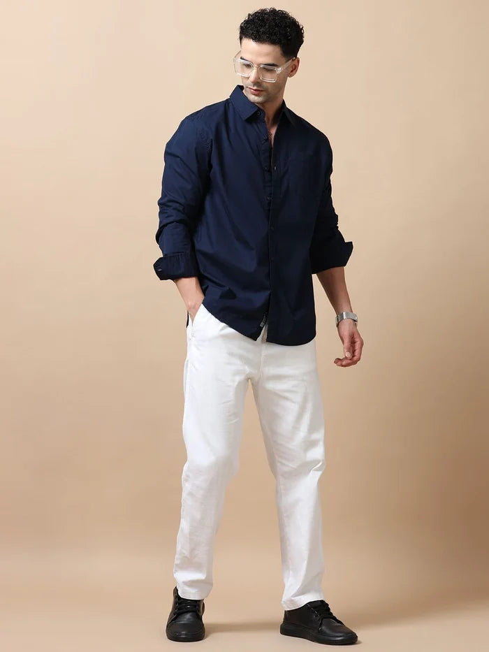 Silisoul Navy Blue Relaxed Fit Cotton Long Sleeves Shirt