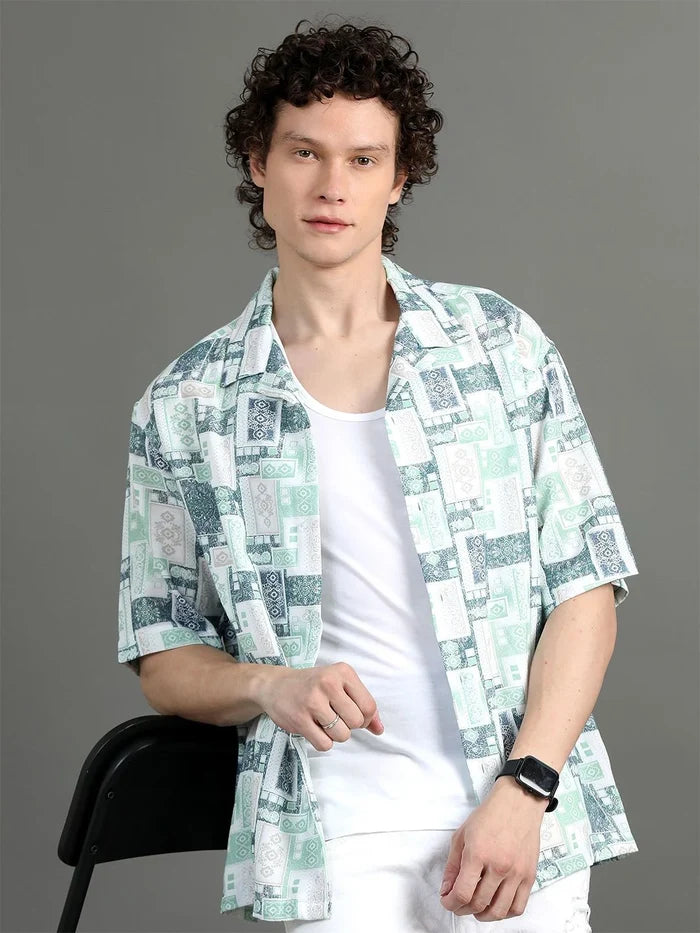 Silisoul White Oversized Fit Abstract Print Viscose Rayon Cuban Collar Shirt