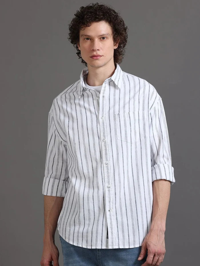 Silisoul White Relaxed Fit Vertical Stripes Print Shirt