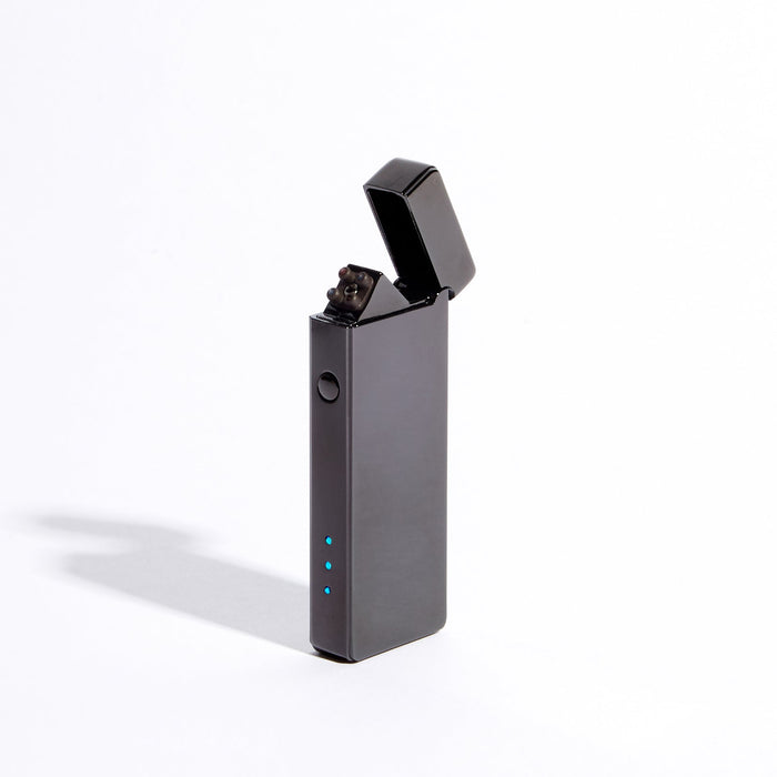 Dark gray slim USB rechargeable double-arc lighter with open flip top and blue dots