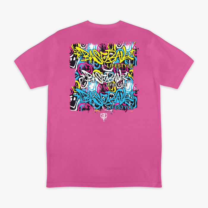 Pink graphic tee with “Smiley Slugger” design — back view