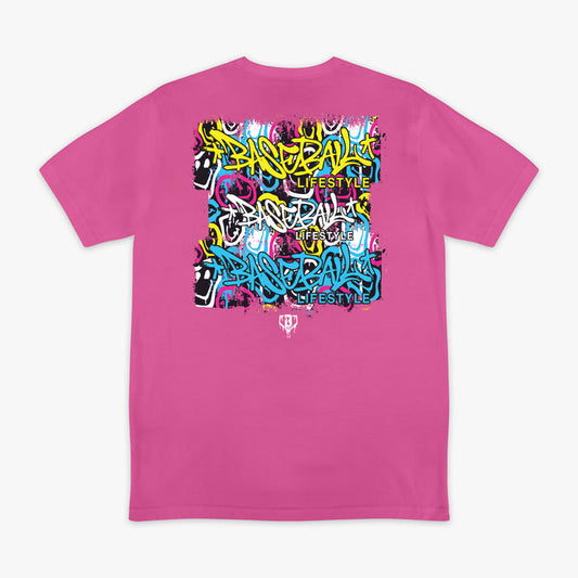 Pink graphic tee with “Smiley Slugger” design — back view