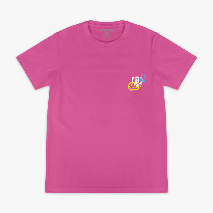 Pink graphic tee with “Smiley Slugger” design — front view