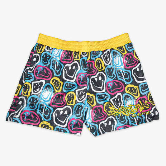 Multi-color youth shorts with “Smiley Slugger” design — front view