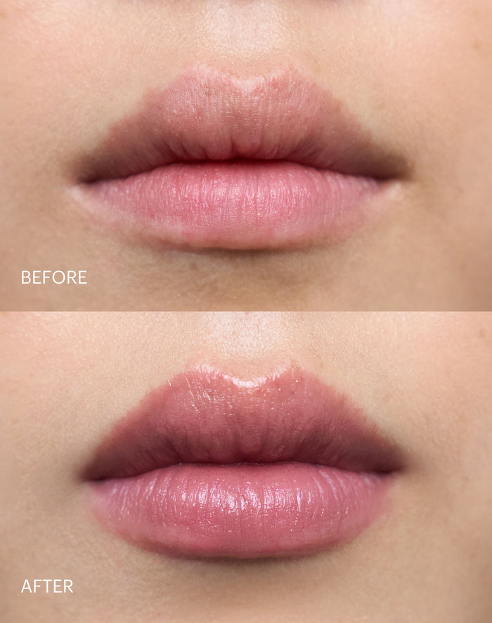 triple-tint-lip-balm; Nudie: Before & After des Triple Tint Lip Balm in Nudie