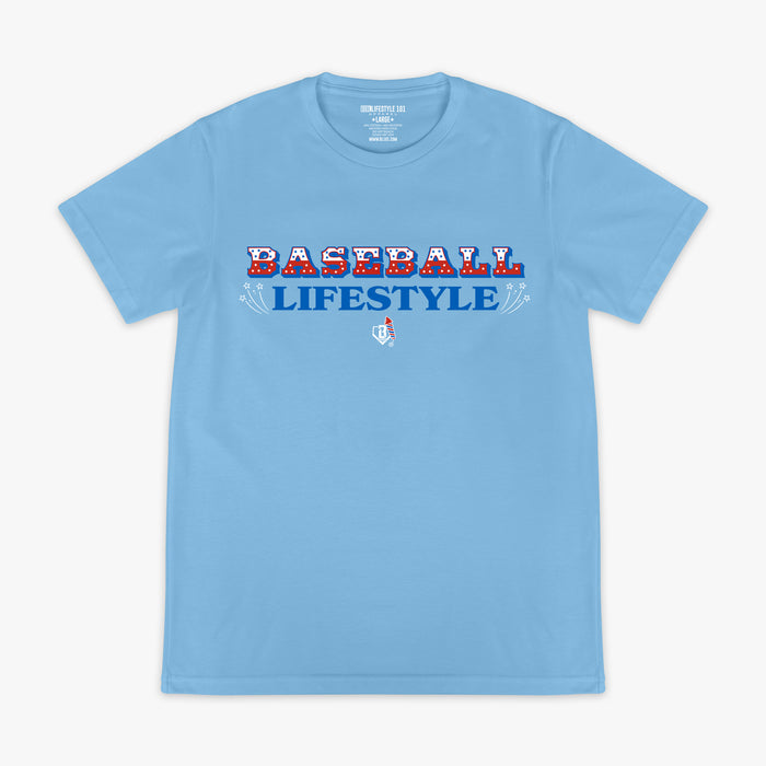 4th of July light blue baseball tee with red, white, and navy blue Baseball Lifestyle graphic