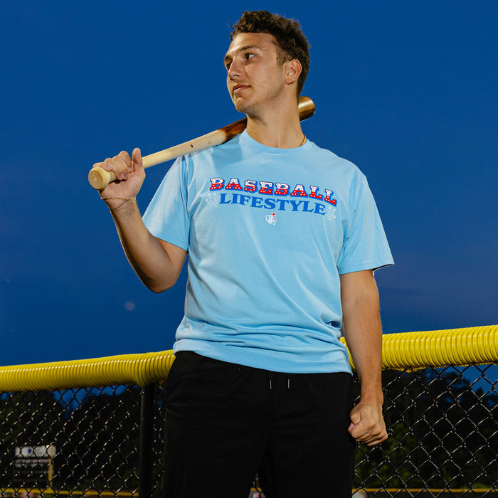 Men's light blue baseball tee, 4th of July outfit shirt with red and navy blue Baseball Lifestyle graphic