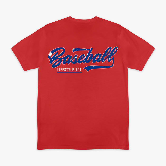 4th of July red baseball tee with navy blue and white splatter Baseball Lifestyle 101