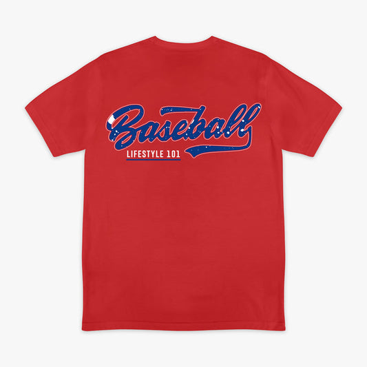 4th of July red baseball tee with navy blue and white splatter Baseball Lifestyle 101