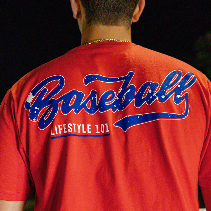 Baseball Lifestyle 101 red, white, and blue splatter tee