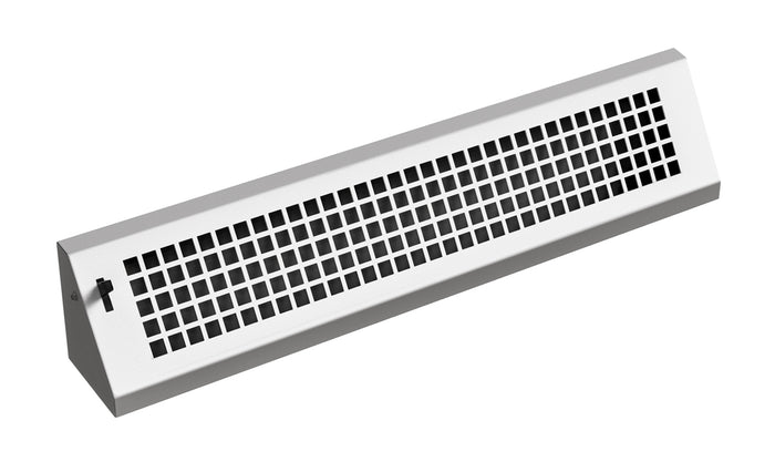 A white square baseboard vent with a solid pattern and an integrated damper, made of steel with a powder coat finish.