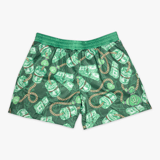 Green shorts with money and chain pattern on a white background