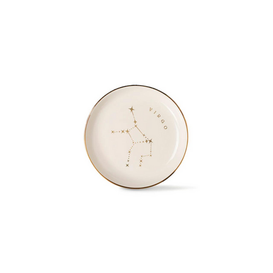 Round tray with gold rim, 'VIRGO' and star constellation on white ceramic