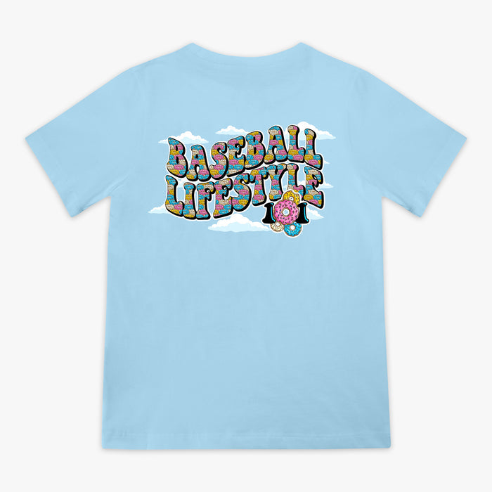 Blue youth graphic tee with “Sugar Rush Donut” design — back view