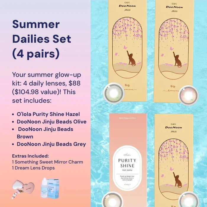EyeCandys Summer Dailies Set 4 Pairs – Daily Color Contact Lenses in Hazel, Olive, Brown, and Grey with Free Mirror Charm and Lens Drops – Natural Colored Contacts for Summer Glow