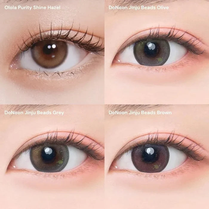 Eye collage featuring EyeCandys Olola Purity Shine Hazel and Doonoon Jinju Beads color contact lenses in Olive, Grey, and Brown. Soft, natural cosmetic and prescription lenses for eye transformation
