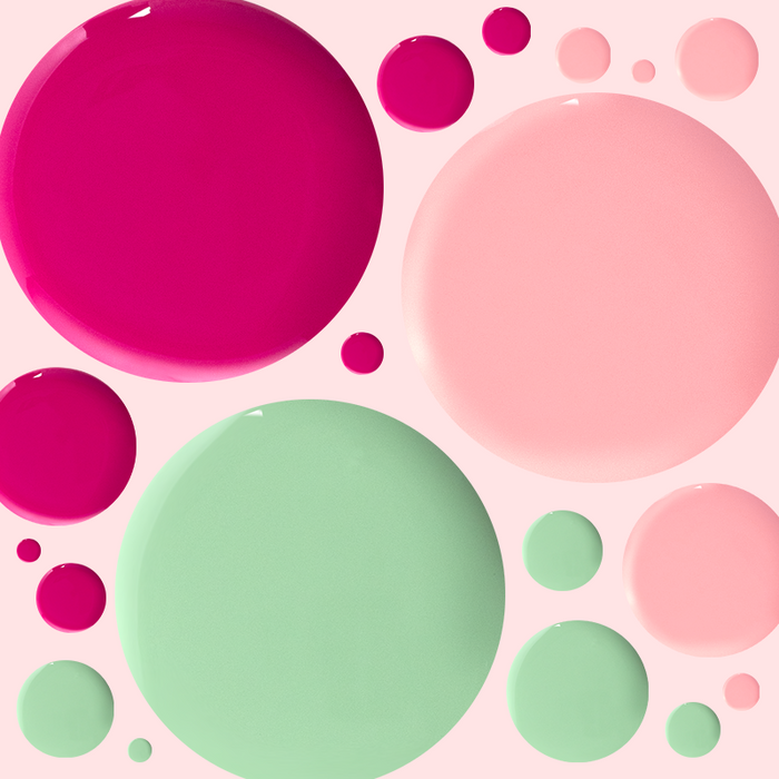 Three fresh gel polish shades in pink, magenta, and mint displayed as drops for Summer Gel Mani System by Olive and June