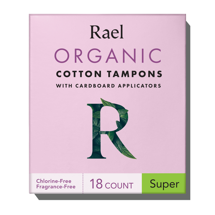 Packaging of Rael organic cotton tampons with cardboard applicators, indicating super absorbency, 18 count, and features such as chlorine-free and fragrance-free.