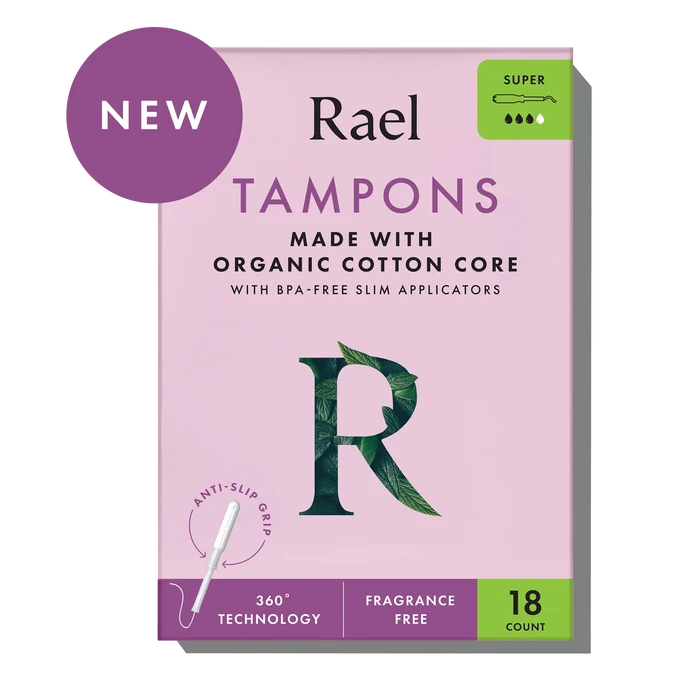 Rael Tampons Made With Organic Cotton Core With BPA-Free Slim Applicators, Super, 18 Count, Fragrance Free, 360 Technology