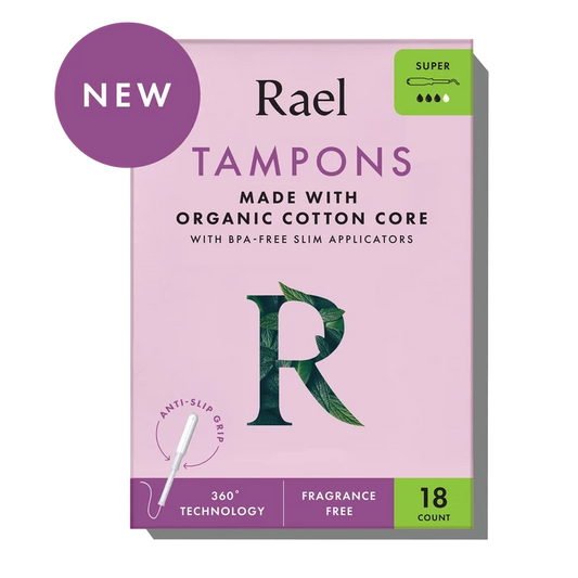 Rael Tampons Made With Organic Cotton Core With BPA-Free Slim Applicators, Super, 18 Count, Fragrance Free, 360 Technology