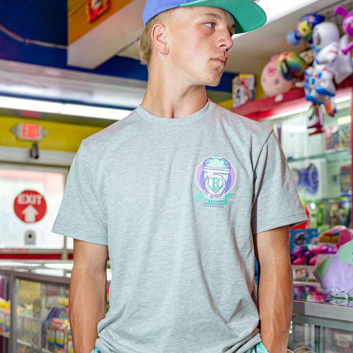 Adult model wearing Sweet Spot Galaxy Grape graphic tee