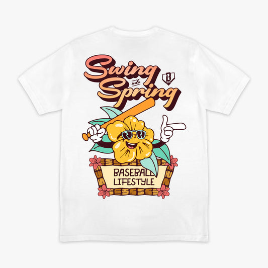 White t-shirt with a cartoon flower character holding a baseball bat and sunglasses, with text 'Swing into Spring' and 'Baseball Lifestyle'.