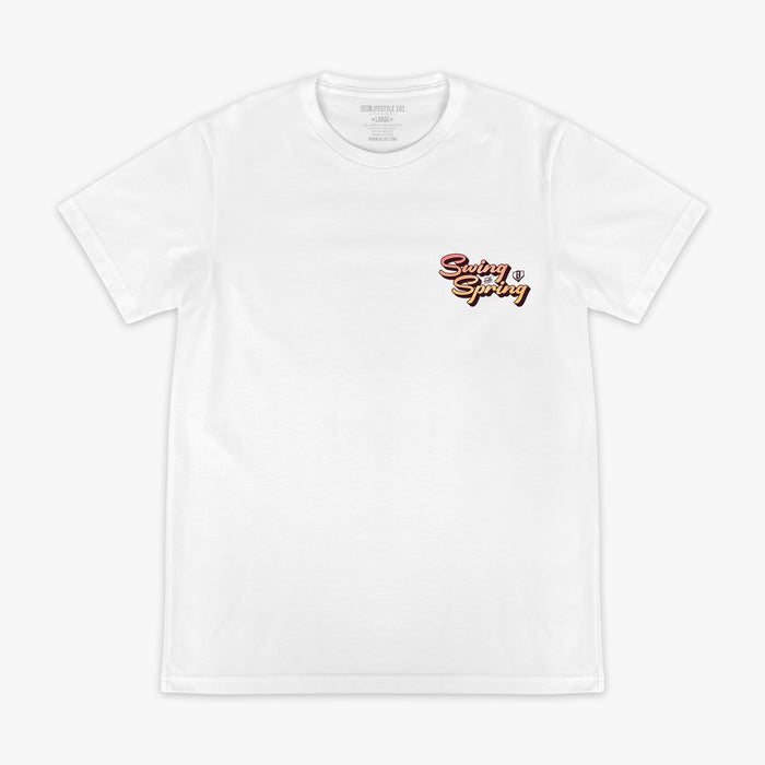 White t-shirt with 'Swing into Spring' text design on a white background
