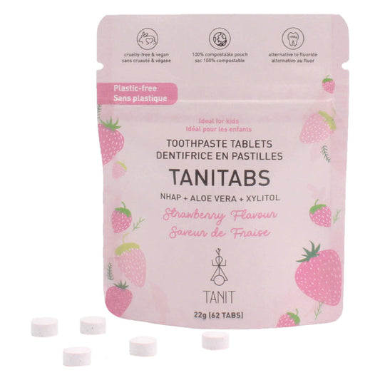 TANIT Tanitabs Toothpaste Tablets Strawberry Flavour - Compostable Pouch 22g (62Tabs)