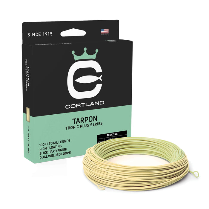 Tarpon Fly Line Box and Coil. The coil is aqua green and sand. The box is light blue at the bottom and black at the top.