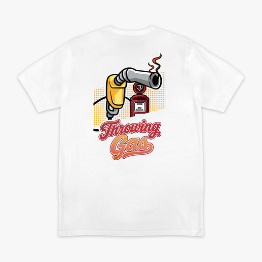 Flat lay back of white tee with colorful gas nozzle and vintage pump illustration and "Throwing Gas" script graphic.