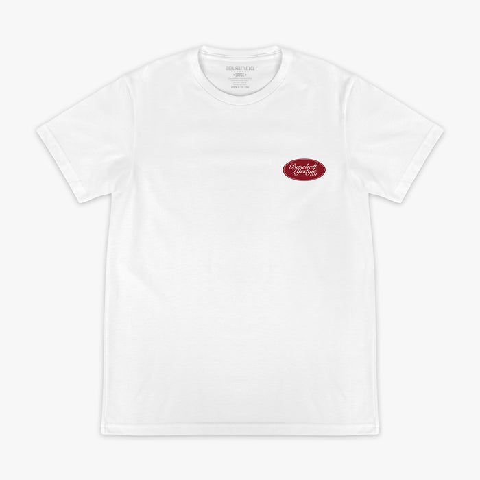 Flat lay front of white tee with red oval Baseball Lifestyle 101 chest graphic.